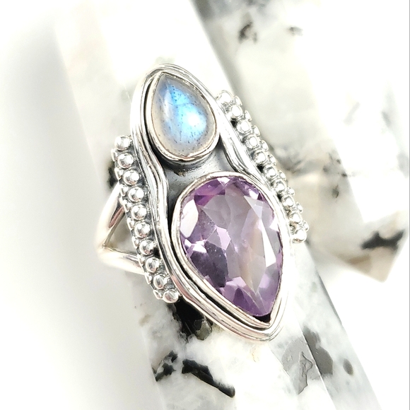 Sterling Silver Amethyst and Labradorite Double Teardrop Ring Size 8 - Picture 2 of 15